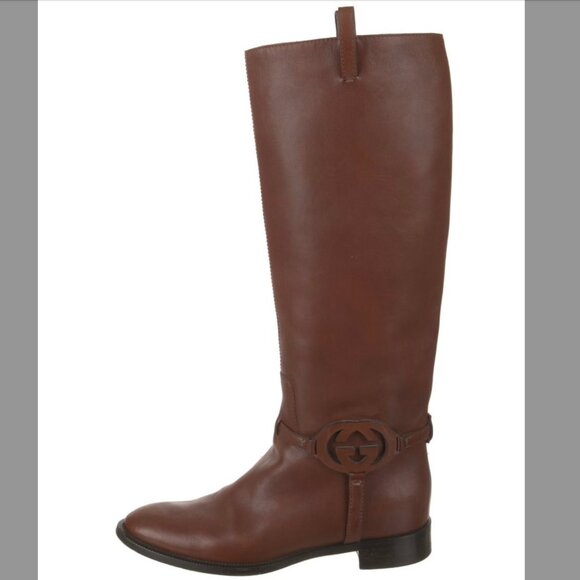 Gucci Interlocking G Logo Leather Riding Boots Sz7 with dustbag - Picture 2 of 12